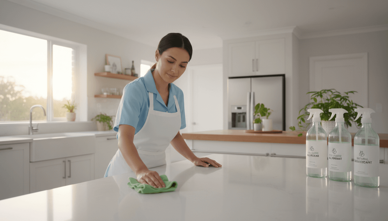 Professional cleaner wiping a kitchen counter in a bright, clean home